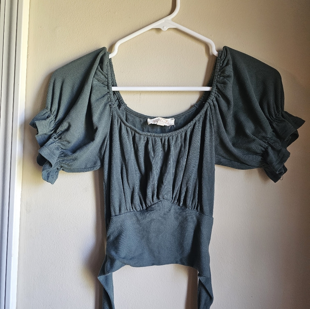 Green Smocked Puff Sleeve Blouse